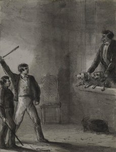 Två pojkar med upplyfta käppar medan en man och hundar tittar ut genom ett fönster av Alfred Jacob Miller