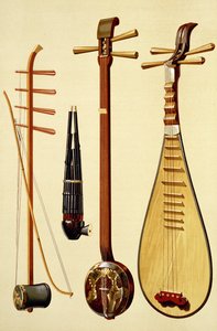 En huqin och pilbåge, en sheng, en sanxian och en pipa, kinesiska instrument från 