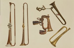 Kavalleritrumpet, en bugel, en förgylld trumpet gjord av John Harris c.1730, en trumpet och en silvermonterad trumpet av William Ball c.1680, från 