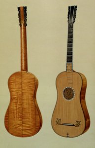 Gitarr tillverkad av Antonio Stradivarius (ca 1644-1737), från "Musical Instruments" (färgad litografi) av Alfred James Hipkins
