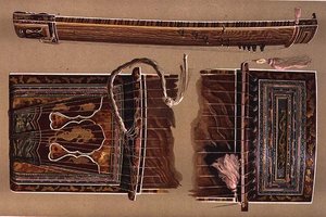 Koto, eller japansk lång cittra, från "Musical Instruments" (färgad litho)