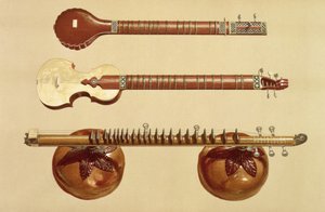 Två sitarer och en rudra vina, indiska, från "Musical Instruments" (färgad litografi)