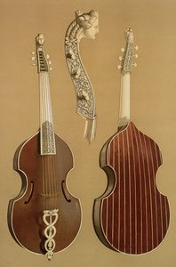 Viola da Gamba, eller basgamba, av Joachim Tielke (1641-1719) Hamburg, 1701, från "Musical Instruments" (färgad litografi)