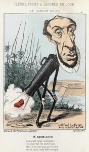 Le Bean rouge: karikatyr av Victor Schoelcher representerar i Peters tåg en böna (fjärt) - sjuk. av 16/02/1871 av Alfred Le Petité, i ""Dagens blommor, frukter och grönsaker"". av Alfred Le Petit