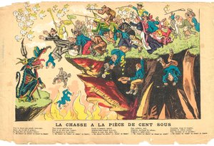 flygande löv, Satirical in Colors, cirka 1878: Jagar hundra subbitar - Silver - Devil, Cures Illustration av Alfred Le Pete (1841-1909) av Alfred Le Petit