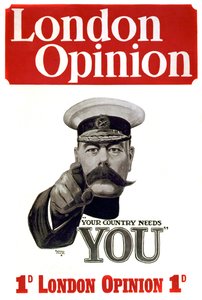Första världskriget: affisch för rekrytering av brittiska soldater: befälhavare Lord Horatio Herbert Kitchener från Khartoum (1850-1916), brittisk soldat och statsman som pekar på militära potentialer "Landet behöver dig" Teckning av Alfred Leete (1882-193