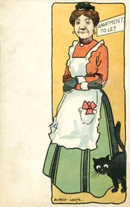 Hyresvärdinna och hennes husdjurskatt (chromolitho)