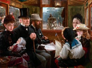 En omnibustur till Piccadilly Circus Mr Gladstone som reser med vanliga passagerare, 1885. av Alfred Morgan