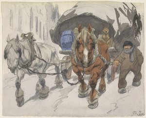 Bondvagn med två hästar framför av Alfred Ost