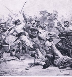 Nicholsons nederlag för rebellerna i Najafgarh, 2 augusti 1857, illustration från brittiska striderna på land och hav, 1915 av Alfred Pearse