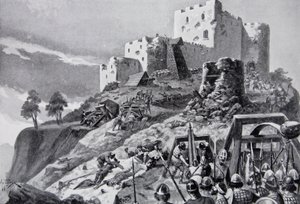 Den walesiska attacken på Montgomery Castle 1095 ledd av Cadwgan ap Bleddyn, Prince of Powys, illustration från 