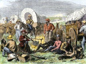 Historia om nybyggare i West Conquete: Amerikanska pionjärer. Resenärernas läger vid Nattens grav nära Diligences, USA. Färgstark gravyr från 1800-talet. av Alfred Rudolph Waud