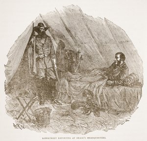 Longstreet Reporting på Braggs huvudkontor, från en bokpub. 1896 av Alfred Rudolph Waud