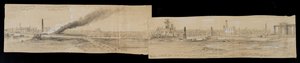 Norra distriktet från Erie Street Bridge, med blick österut, under Chicago-branden 1871 (penna och krita på papper) av Alfred Rudolph Waud