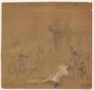 Söker i ruiner efter ett kassaskåp efter branden i Chicago 1871 (penna och krita på papper) av Alfred Rudolph Waud