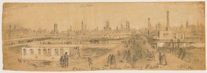 Utsikt från Erie Street Bridge österut under branden i Chicago 1871 av Alfred Rudolph Waud