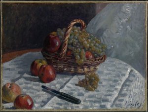 Äpplen och druvor i en korg av Alfred Sisley