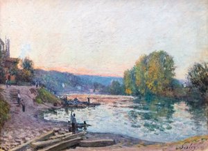 Banks of the Seine, solljuseffekt i skymningen, datum okänt (olja på duk) av Alfred Sisley
