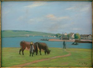 Kor på stranden av Seine i Saint-Mammès av Alfred Sisley