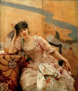 A.Stevens, Ung kvinna och japansk filmduk av Alfred Emile Stevens