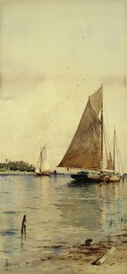 Torka segel, Oyster Boats, Patchogue, Long Island, av Alfred Thompson Bricher