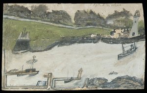 Hamnscen med slott och fyr (penna och olja på kort) av Alfred Wallis
