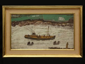 Tre båtar mellan fyren och stranden, ca 1930 (olja på kort)