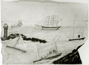 Tre segelfartyg, två ångfartyg och Godrevy Lighthouse, ca 1935-38 (olja & penna på kort) av Alfred Wallis