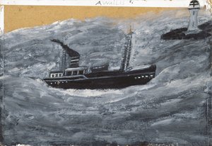 Trålare och pir (olja på kort) av Alfred Wallis
