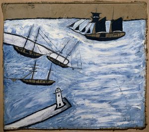 Utsikt över hamnen och fyren i Saint Ives (Cornwall, England). Olja och blyerts på kartong, av Alfred Wallis (1855-1942)