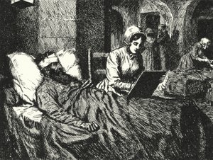 Den engelska sjuksköterskan Florence Nightingale skriver ett brev till en soldat som skadades i Krimkriget på sjukhuset i Scutari, 1855