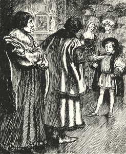 Erasmus tittar på Sir Thomas More som presenterar en dikt han skrivit till den unge prins Henrik, blivande kung Henrik VIII