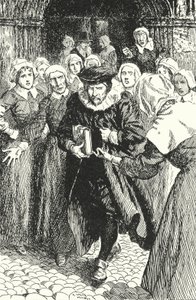 Den skotske prästen William Annand fördömdes av kvinnorna i Edinburgh för att ha predikat från den nya bönboken i St Giles Cathedral, 1637 av Alfred Wallis Mills