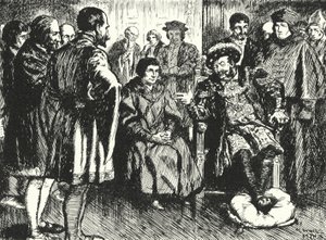 Sir Thomas More vid Henry VIII:s hov, som motsätter sig kungens försök att få honom att säga något för att roa honom