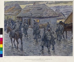 Honnörstrupper marscherar mot Lubartov 1915 (tryck) av Alfred Wesemann