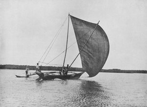 Utriggerkanot i full segel på Negombo Lake, c1890, 1910