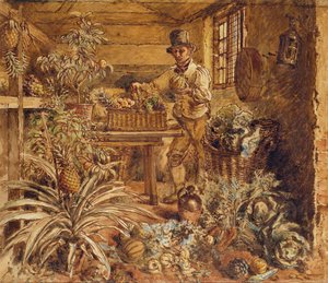En trädgårdsmästare i ett krukskjul med ananas och olika grönsaker (penna, bläck och wc på papper) av Alfred William Hunt