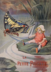 Den lilla tummen. En liten flicka som sitter på en näckros drar av en fjäril. Saga av Hans Christian Andersen (1805-1875). Illustration av Vaccari och Carrey i "" Les beaux tales"" samlingen "" Nos loisirs""" omkring 1910. Privat samling.