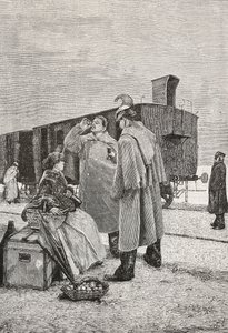 Five Minutes Stop, två män som står vid ett tåg slutar dricka och äta, gravering från en målning av Alfredo Luxoro (1859-1918), från L