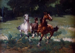 Running Horses, målning av Alfredo Tominz (1854-1936), olja på kartong, 67x48 cm, Italien