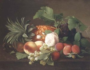 Stilleben med ananas, persikor, plommon och vindruvor av Alfrida Vilhelmine Ludovica Baadsgaard