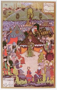 Kungen av Ungern, Lajos II (1506-26) i råd före slaget vid Mohacs 1526, 1558 (bläck och bladguld på veläng) av Ali Amir Beg
