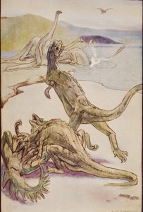 En mesozoisk scen som visar Deinotheria, illustration från 