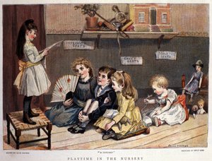 Barnspel: "" konserten""" En liten flicka sjunger inför en publik med barn och leksaker. Teckning av Alice Havers. 1877
