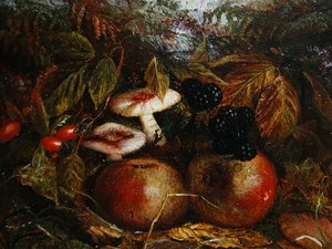Stilleben med svamp, äpplen och björnbär av Alice M Wilson