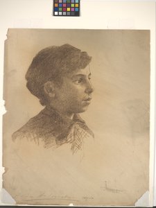 Huvud (krita på benvitt papper) av Alice Woods