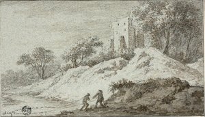 Landskap med två figurer och slott på kulle