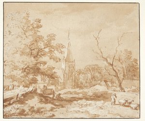 Landskap med träd och en kyrka