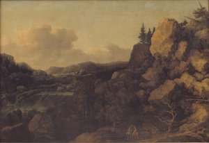 Bergslandskap med ett par ryttare i förgrunden