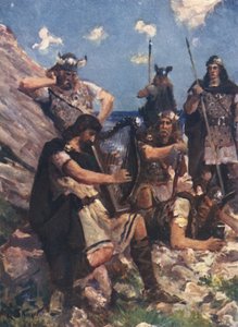 Klädd som en gammal bard kom kung Alfred till de häftiga danskarnas läger (färg litho)